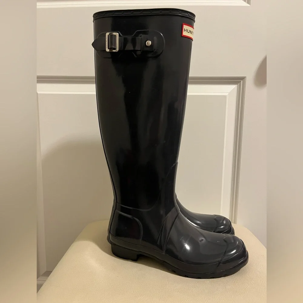 HUNTER Original Tall Black Gloss Buckle Strap Rain Boots Big Girls Size 5